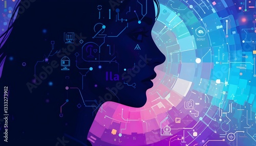 International Girls in ICT Day vector illustration. Woman face in profile purple silhouette vector. Information and communications technology icon set. 
