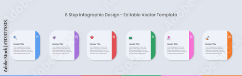 6 Steps Infographics Design Template - Graph, Pie chart, workflow layout, square diagram, brochure, report, presentation, web design Editable Vector illustration on white background