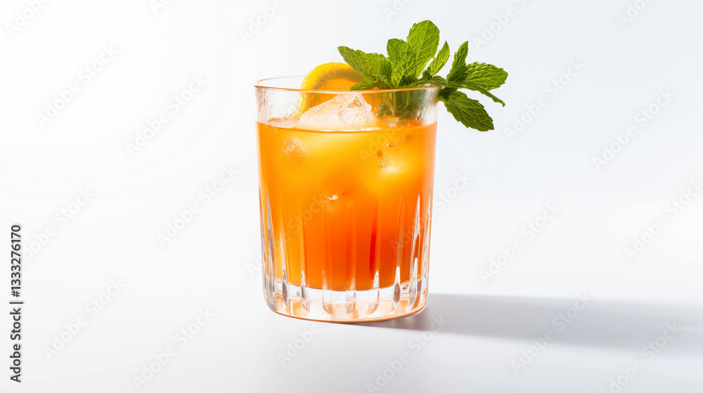 Refreshing Orange Cocktail with Ice and Mint Garnish in Glass Refreshing Orange Cocktail with Ice and Mint Garnish in Glass
