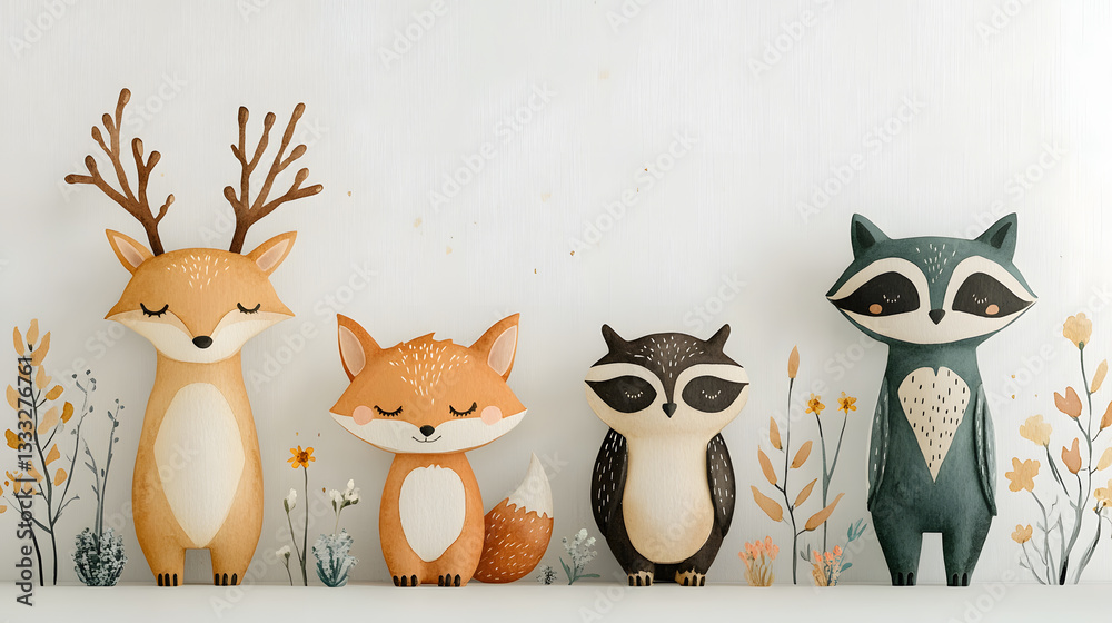 Fototapeta premium Whimsical Animal Figurines in Nature-Themed Floral Setting