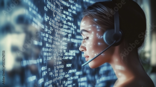 female call center agent and an AI assistant displayed on a floating holographic screen, collaborating on customer service