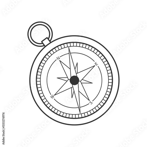 Minimalist black and white compass illustration. Perfect for adventure, travel, exploration, and navigation themes. Ideal for logo designs, educational materials, and outdoor-related projects.