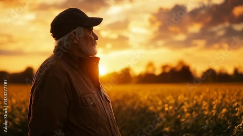 Elderly man gazes thoughtfully at sunset over tranquil field during golden hour, capturing a serene moment in rural landscape