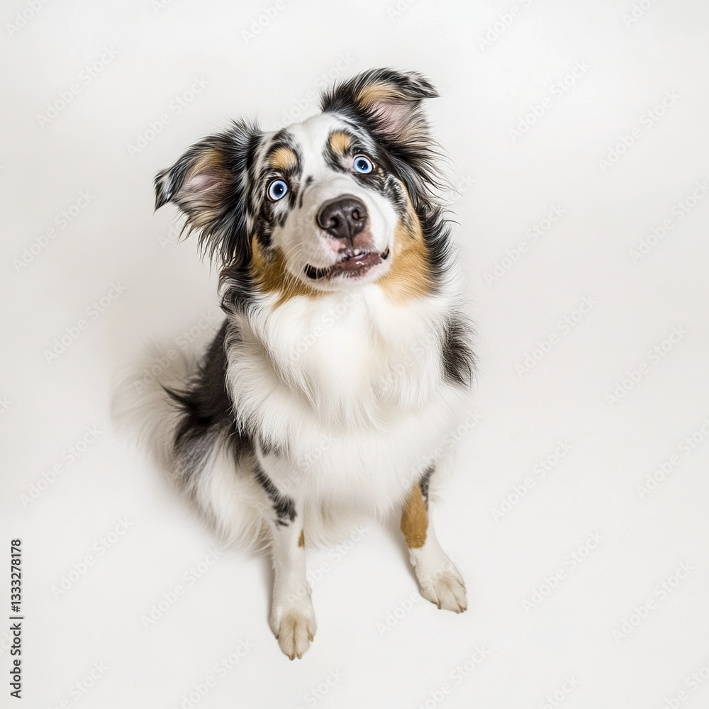 Playful Aussie dog with fluffy paws sitting on white background Playful Aussie dog with fluffy paws sitting on white background