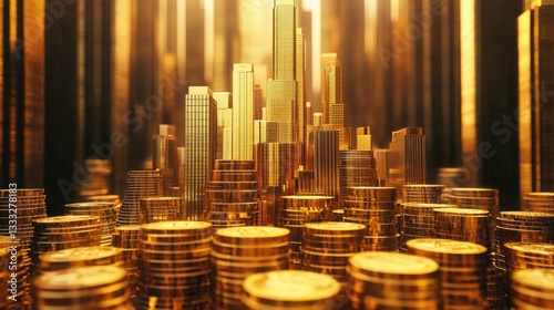 Golden Cityscape with Coins and Skyscrapers Illustrating Wealth and Prosperity in an Urban Environment photo