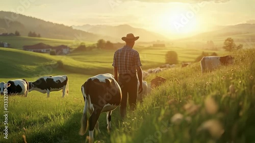 Farmer guiding cows through a serene pasture at sunset in the countryside