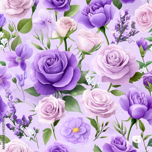Elegant purple rose floral pattern garden digital artwork vibrant colors aesthetic design beautiful background
