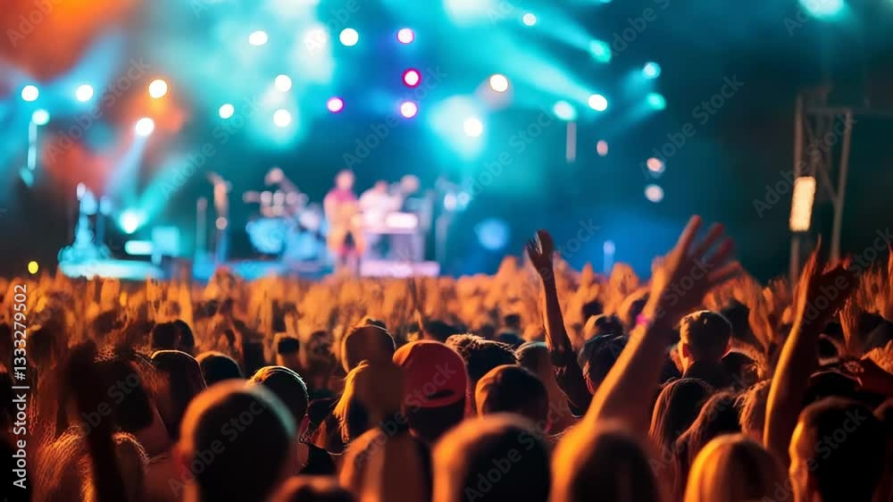 Crowd enjoying live music performance at night with vibrant lights and energetic atmosphere in a lively festival setting