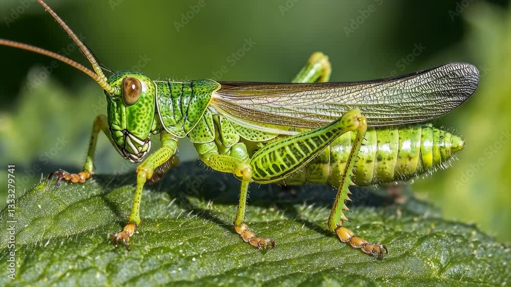 Detailed close-up of a vibrant green grasshopper resting on a leafy surface in natural habitat Detailed close-up of a vibrant green grasshopper resting on a leafy surface in natural habitat