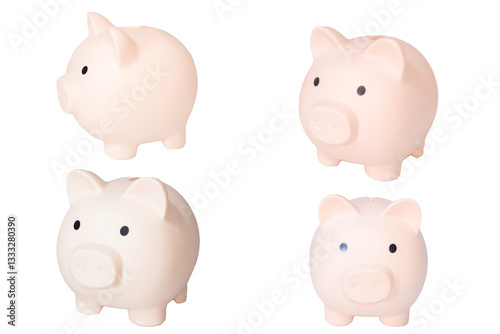 Set of piggy banks in various angles on white background, finance concept, money saving, budgeting, isolated