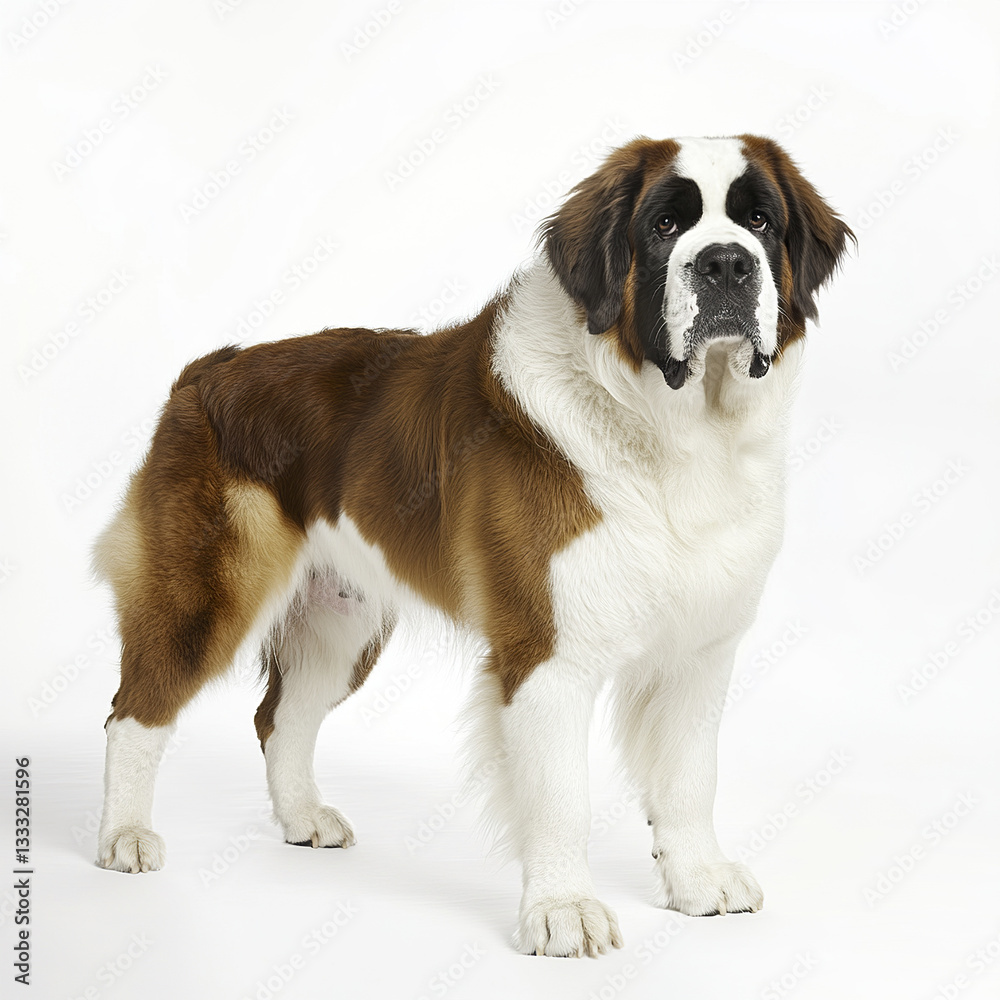 Saint Bernard standing on white background, showcasing its large frame Saint Bernard standing on white background, showcasing its large frame