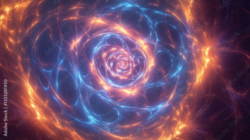 Abstract swirling pattern with blue and orange light energy forming a mesmerizing spiral shape in a cosmic background