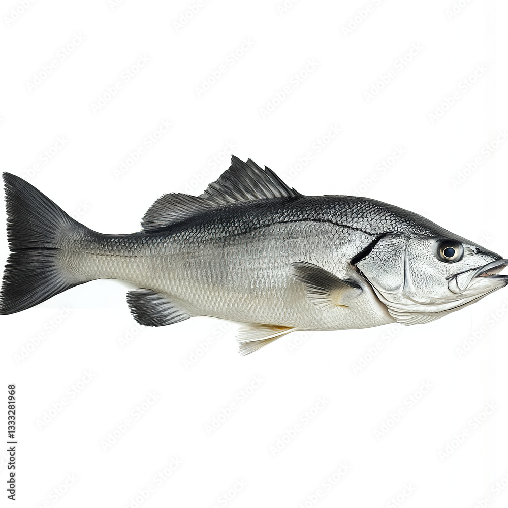 Fototapeta premium Sea bass on white background, detailed and realistic