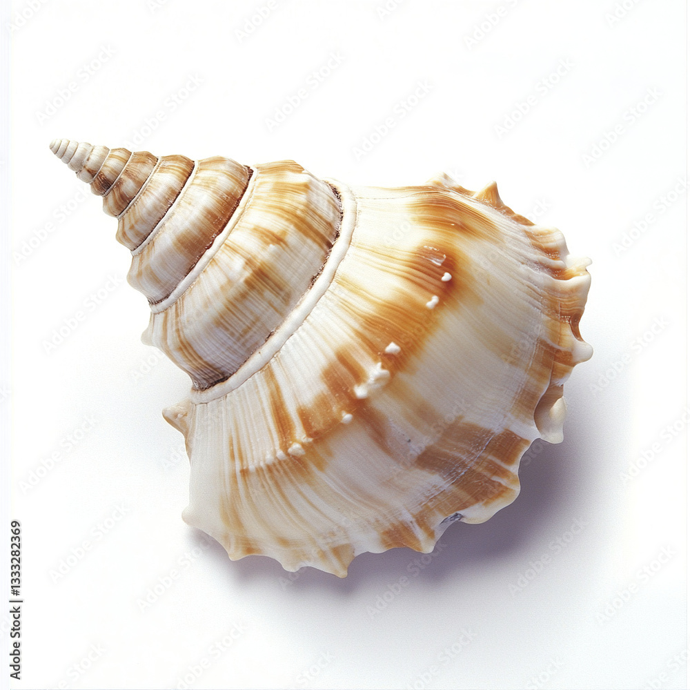 spiral seashell with brown and white patterns on white background spiral seashell with brown and white patterns on white background