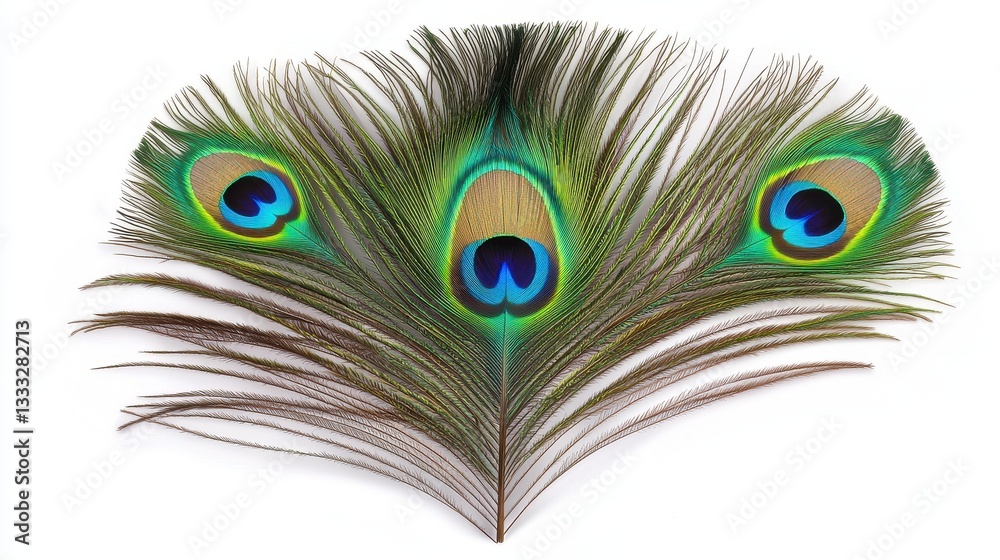 Obraz premium Closeup of a Vibrant Peacock Feather on White Background