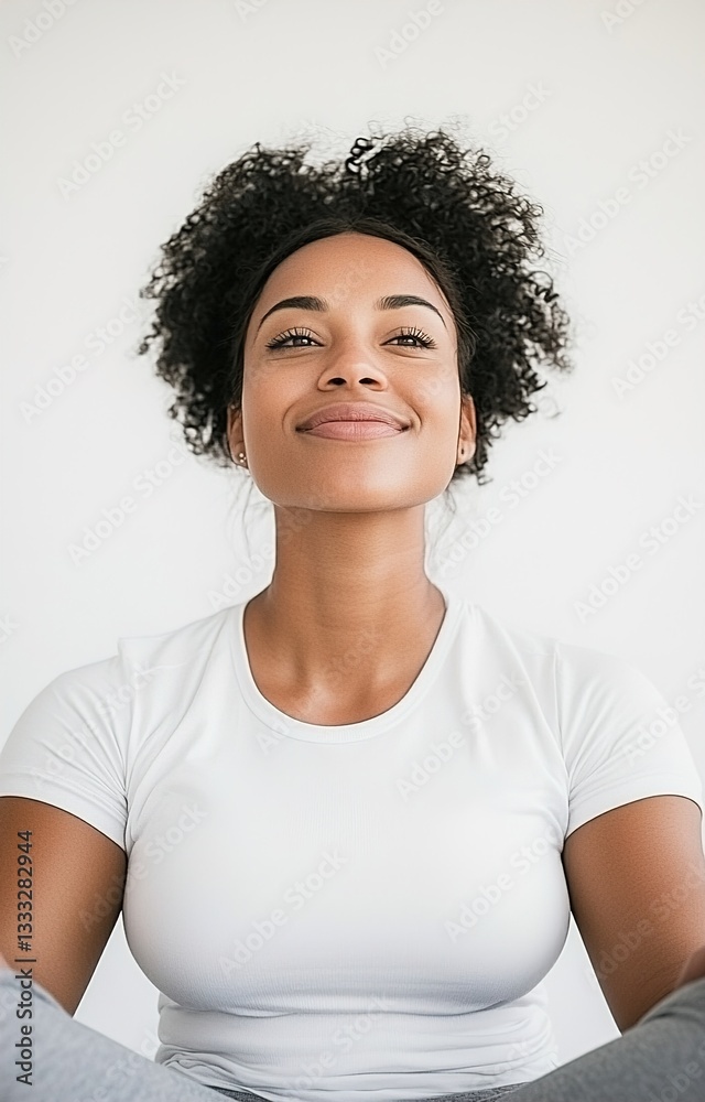 Fototapeta premium Fat woman sitting communication with yoga coach in virtual people in the metaverse platforms at home. 