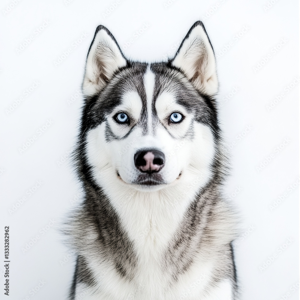 Siberian husky with piercing blue eyes against white background Siberian husky with piercing blue eyes against white background