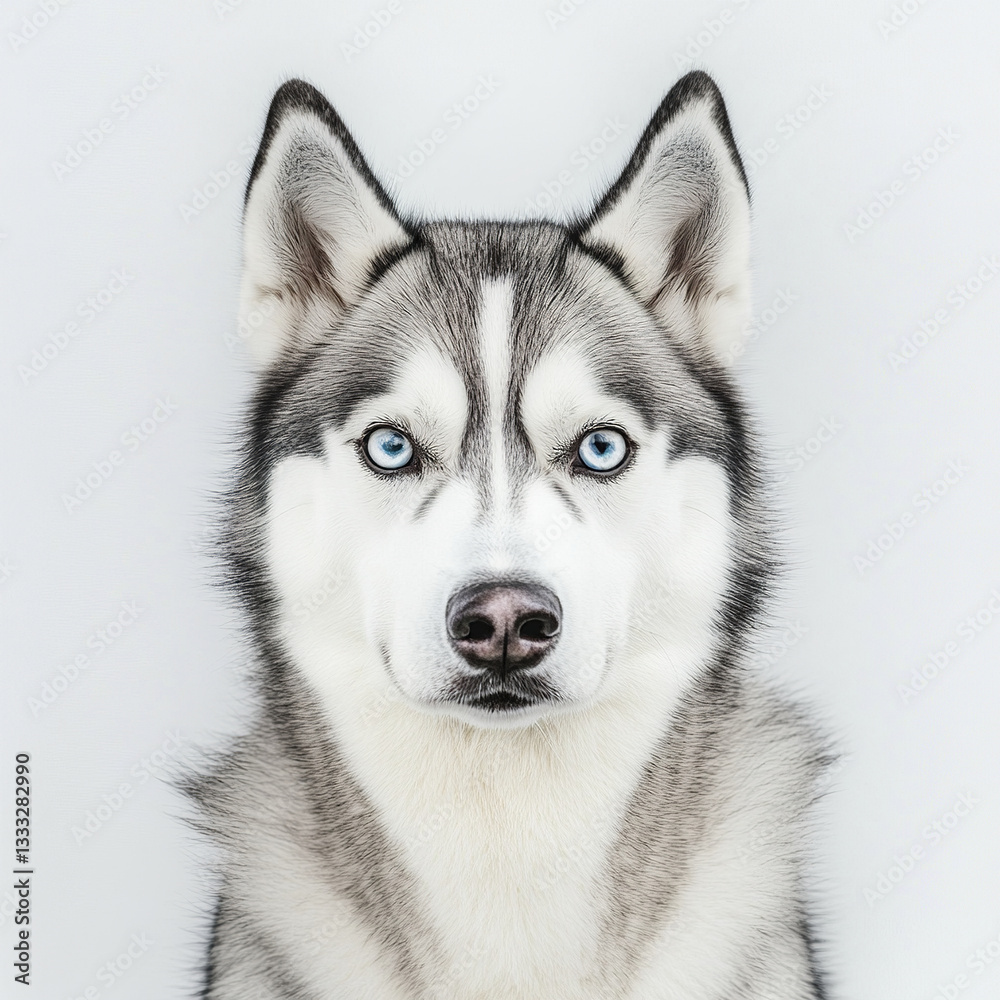 Siberian husky with piercing blue eyes staring intently Siberian husky with piercing blue eyes staring intently