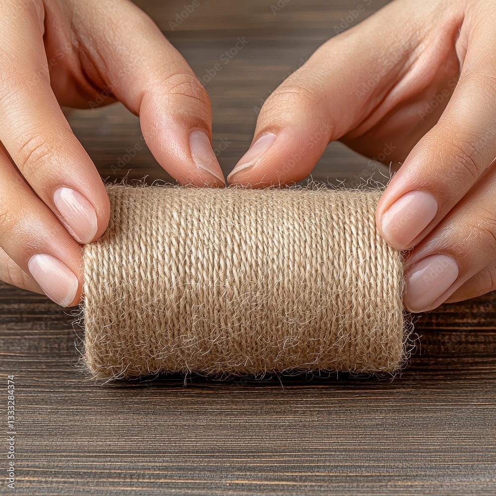 Obraz premium Close up of Hands Holding Beige Fabric Roll on Wooden Surface