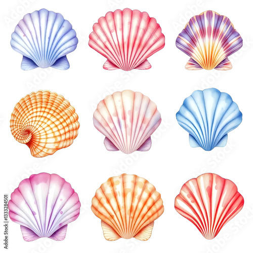 Collection of Watercolor Scallops Shells