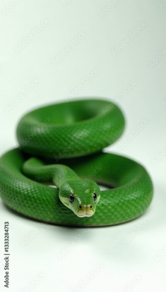 Fototapeta premium Dark green wood snake coiled on isolated white surface, wooden snake, isolated