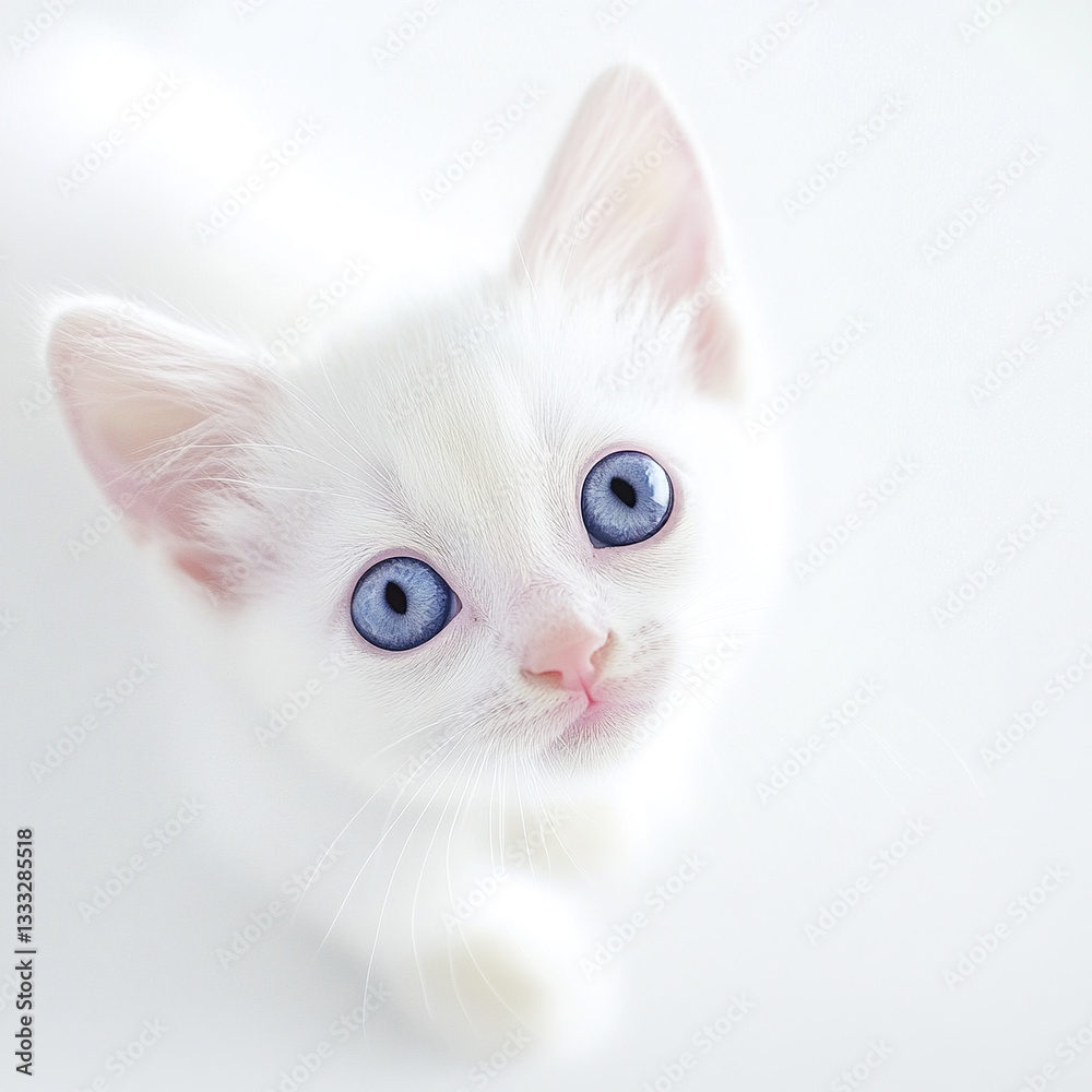 tiny white kitten with wide blue eyes looks up curiously tiny white kitten with wide blue eyes looks up curiously