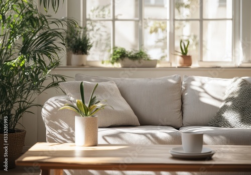 Bright and cozy living room with a beige sofa, green plants, and wooden coffee table under natural sunlight.