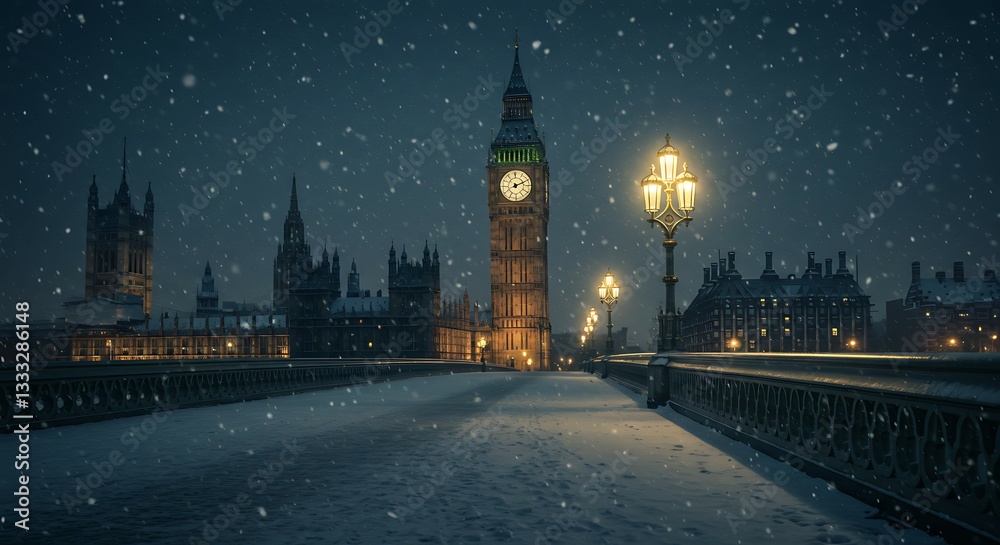 Obraz premium London's Big Ben in Winter Snowfall at Night with Illuminated Bridge