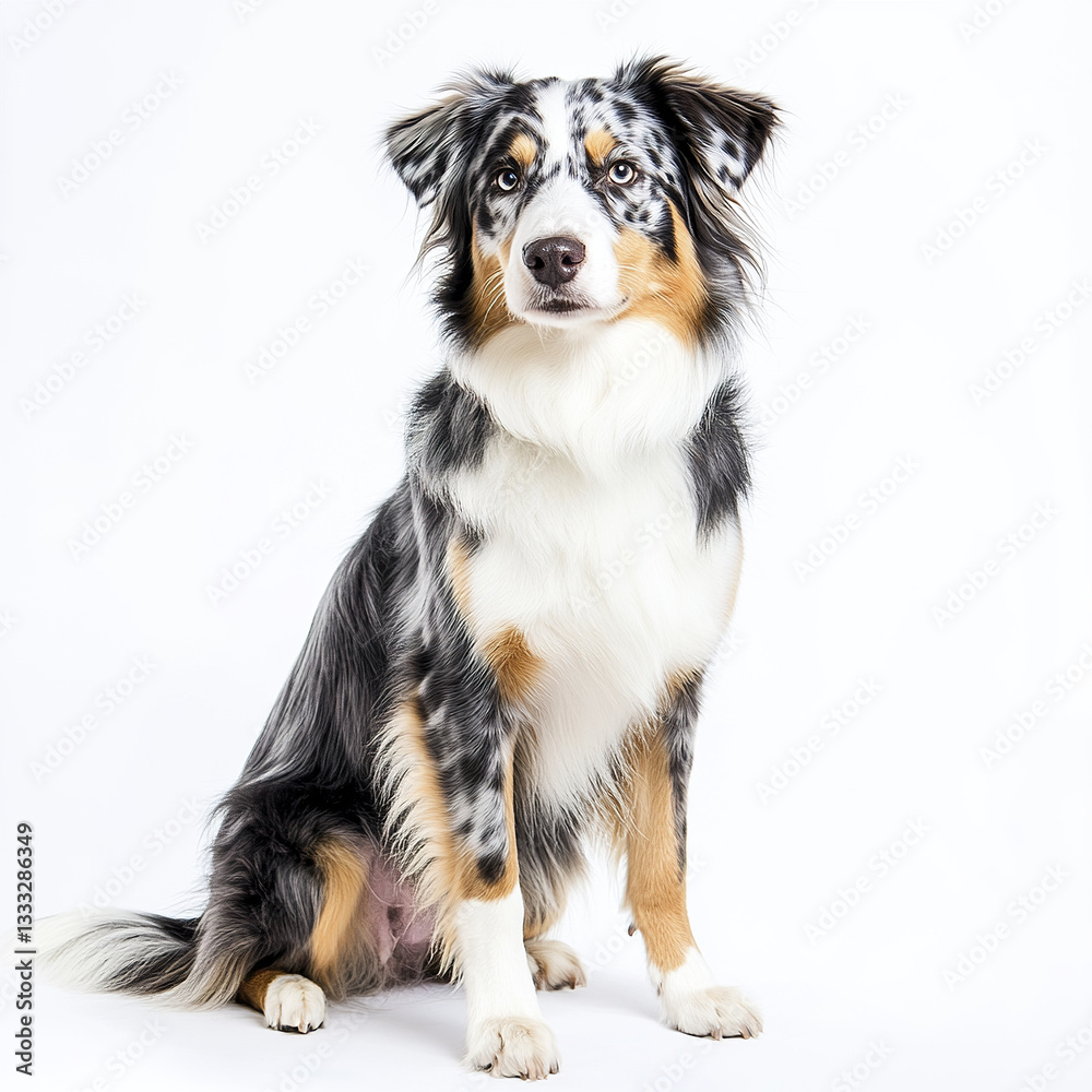 young Australian Shepherd with gentle gaze sits on white background young Australian Shepherd with gentle gaze sits on white background