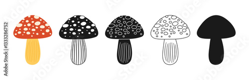 Mushroom hand drawn wild symbol or icon set. Detailed botanical vintage silhouette or doodle vector illustration ideal for packaging, branding, pattern, background poster. Isolated on white background