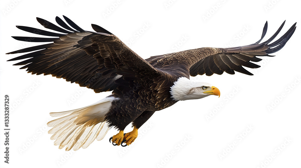 Fototapeta premium Bald eagle soaring with wings spread wide on white background