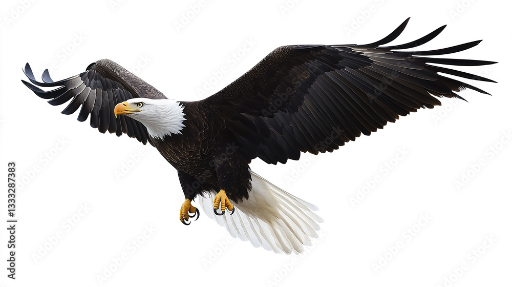 Fototapeta premium Bald eagle soaring with wings spread wide on white background