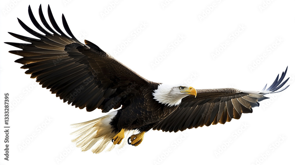 Fototapeta premium Bald eagle soaring with wings spread wide on white background