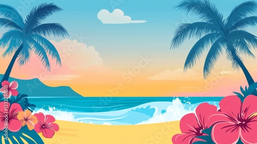 Celebrate summer vibrance beach paradise banner design tropical environment aerial view colorful floral essence