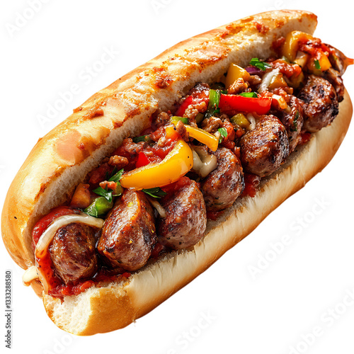 A Hearty Sausage and Pepper Sub with Marinara Sauce Isolated on Transparent Background