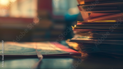 Close-up of stacked cash with blurred financial documents, evoking themes of illicit finance and secrecy.