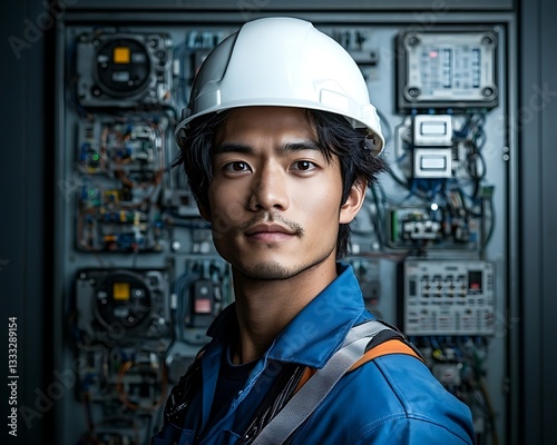 Electrician Portrait for Industrial Panel, Factory.