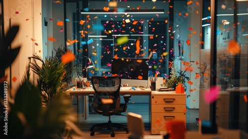Office space bursts with confetti celebrating achievement and teamwork success