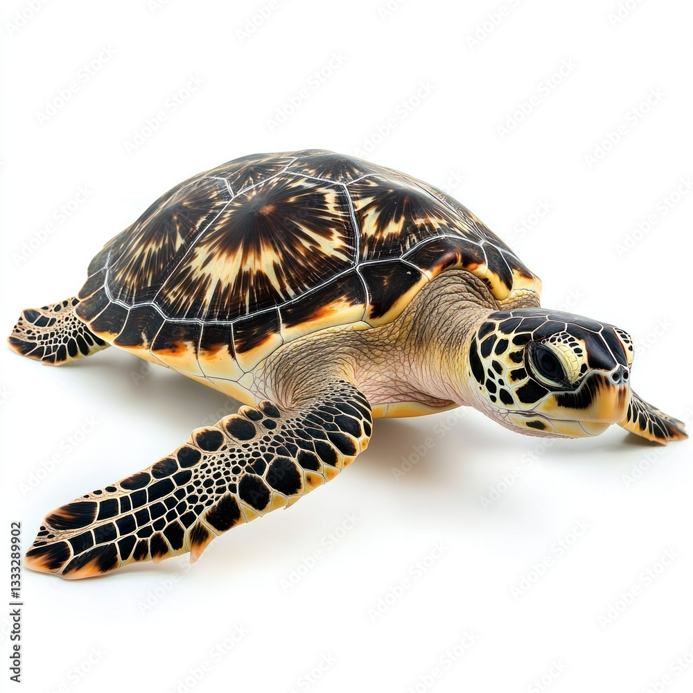 Obraz premium A single, detailed hawksbill sea turtle, on a pure white background, highlighting its natural imperfections with professional studio lighting