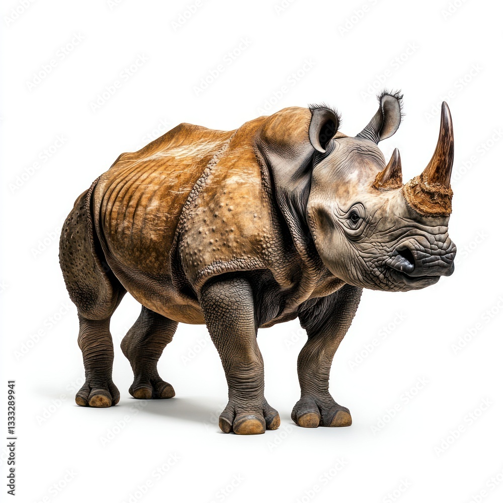 Fototapeta premium A single, detailed Indian one-horned rhino, on a pure white background, highlighting its natural imperfections with professional studio lighting