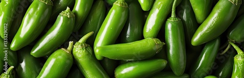 A vibrant assortment of fresh green jalapeño peppers fills the frame.