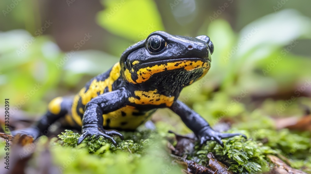 Obraz premium Vibrant Yellow and Black Salamander on Lush Green Forest Floor