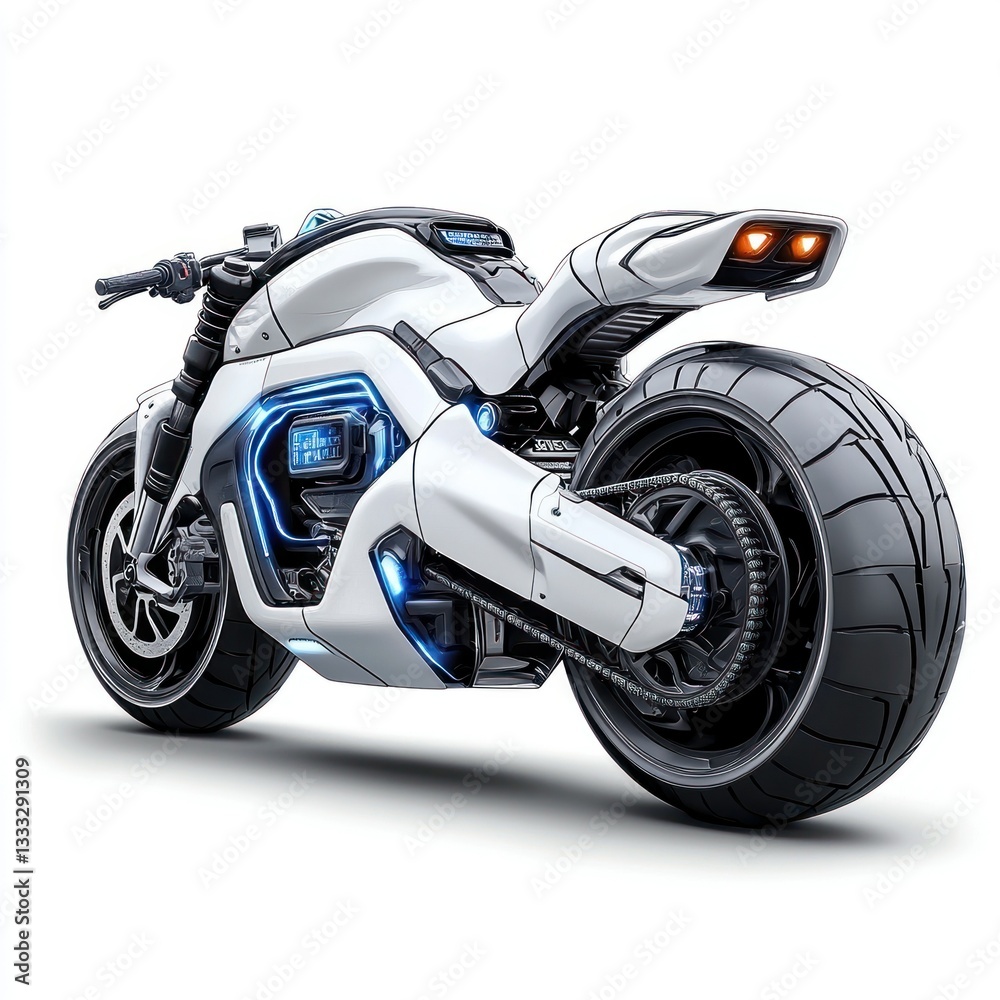 Detailed and sharp futuristic motorcycle on a white background, ready for use in presentations, websites, and print materials Detailed and sharp futuristic motorcycle on a white background, ready for use in presentations, websites, and print materials