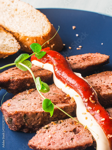 Rye bread toast with microgreens and mayonnaise and ketchup sauce on a blue plate. High quality photo