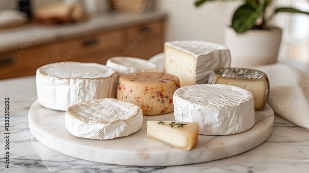 Assortment of artisanal cheeses on white plate, marble countertop, modern kitchen setting Assortment of artisanal cheeses on white plate, marble countertop, modern kitchen setting