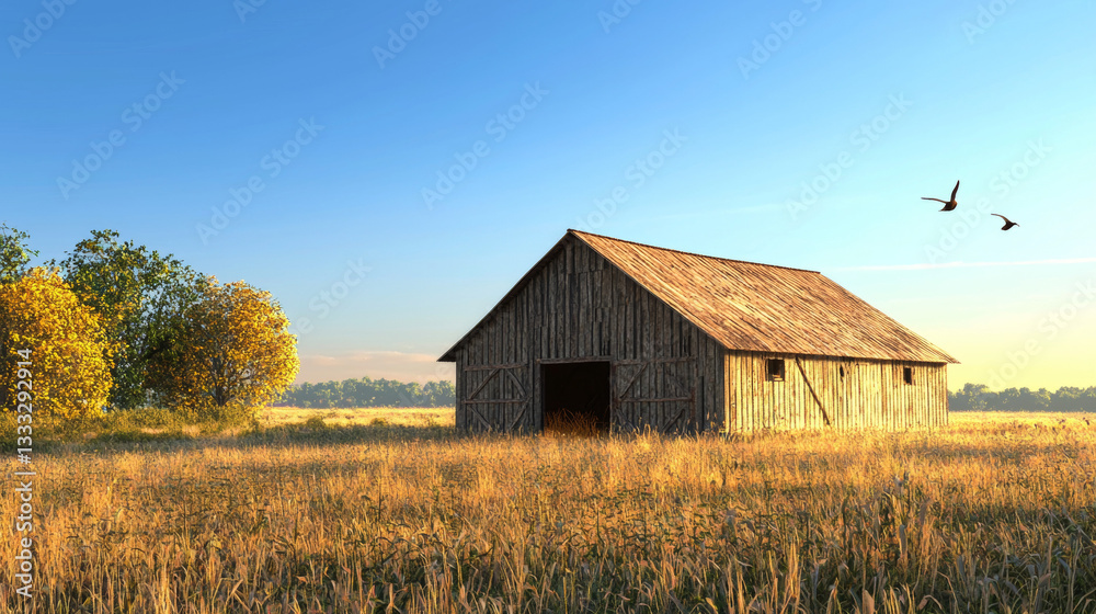 Charming Barn with Pathway and Birds in the Sky Charming Barn with Pathway and Birds in the Sky
