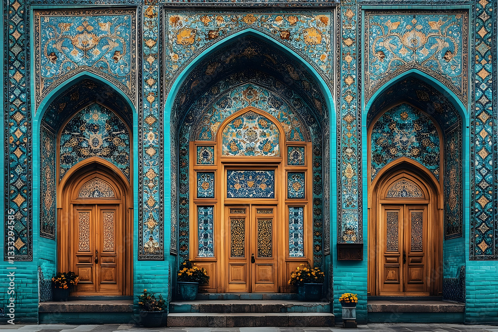 Obraz premium Ornate blue-tiled building facade with intricate patterns and wooden doors, showcasing vibrant architecture