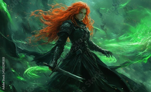 Fantasy warrior woman with red hair and green eyes in leather armor, glowing aura, and sword – dynamic Dota 2-inspired splash art