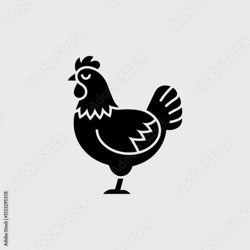 Black silhouette of chicken icon with simple detail on gray background representing poultry farming food production or livestock