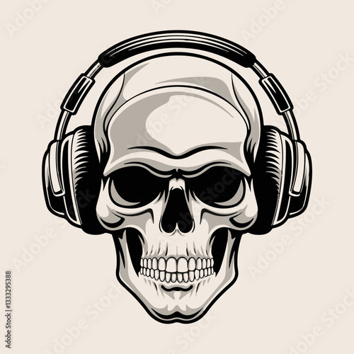 Skull wearing headphones illustration for music lover gothic design rock band logo tattoo concept and edgy digital art style